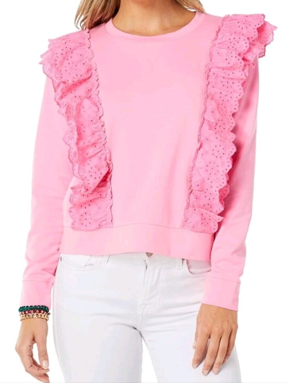 Lilly Pulitzer Deva Ruffle Eyelet Crewneck Pullover Pink Shandy Medium